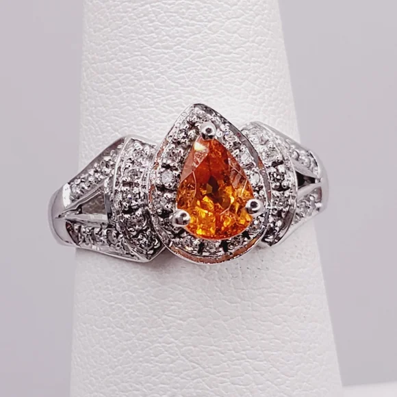 14k Solid White Gold Pear Shaped Orange Spessartite Garnet & Diamond Halo Ring - Picture 5 of 9